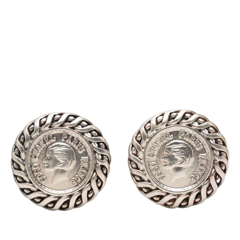 Chanel Silver Plated Medallion Clip On Earrings Silver Metal Very good condition - Front View