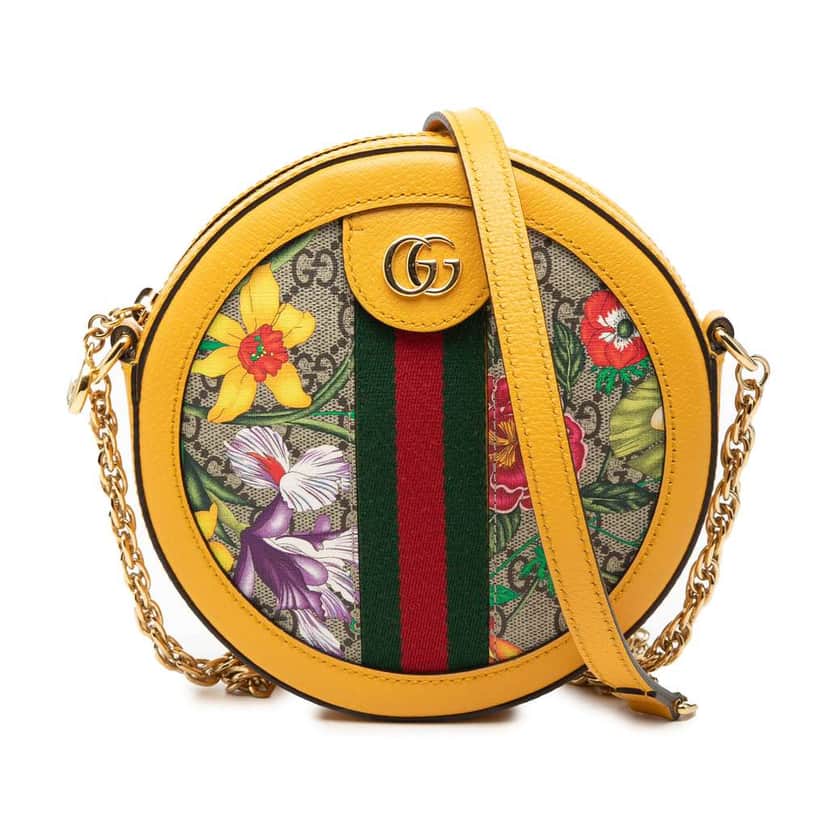 Gucci Mini GG Supreme Flora Ophidia Round Crossbody Beige Canvas Very good condition - Front View