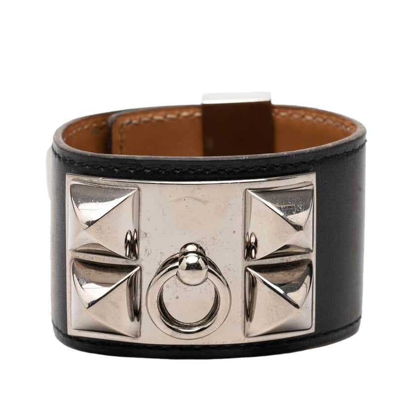 Hermès Swift Leather and Palladium Plated Collier de Chien Bracelet Black Leather Very good condition - Front View