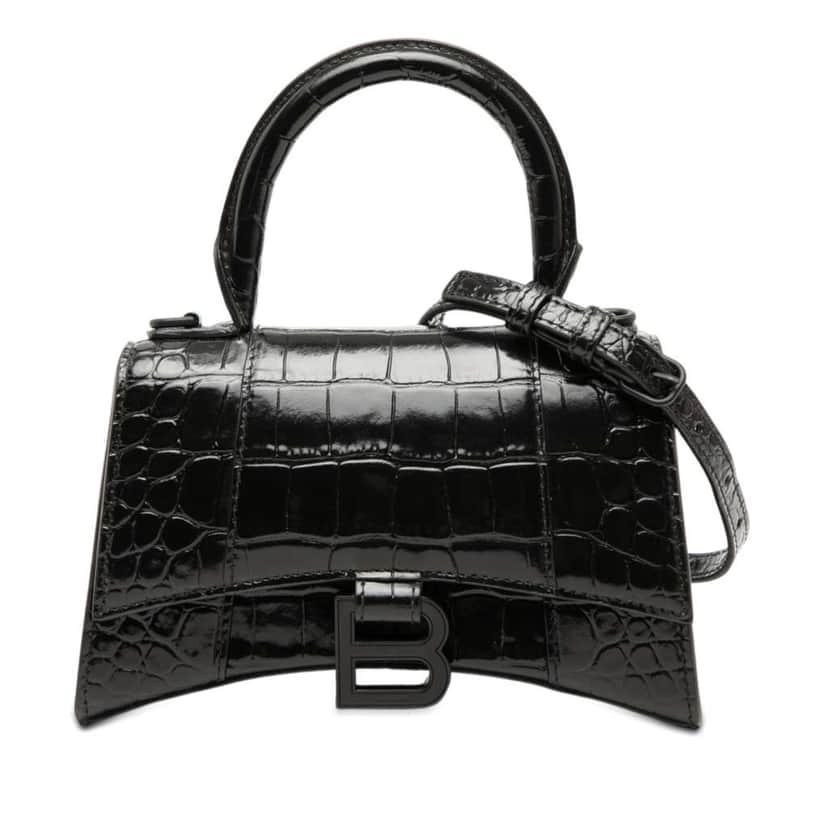 Balenciaga XS Croc Embossed Hourglass Top Handle Bag Black Leather Very good condition - Front View