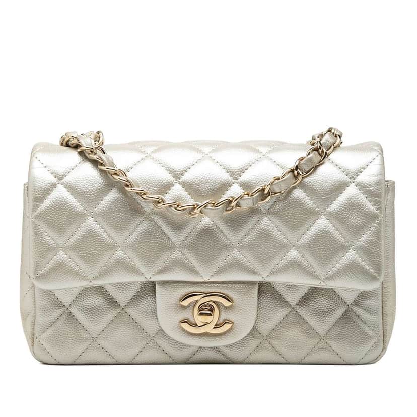 Chanel Mini Rectangular Classic Metallic Caviar Single Flap Gold Leather Very good condition - Front View