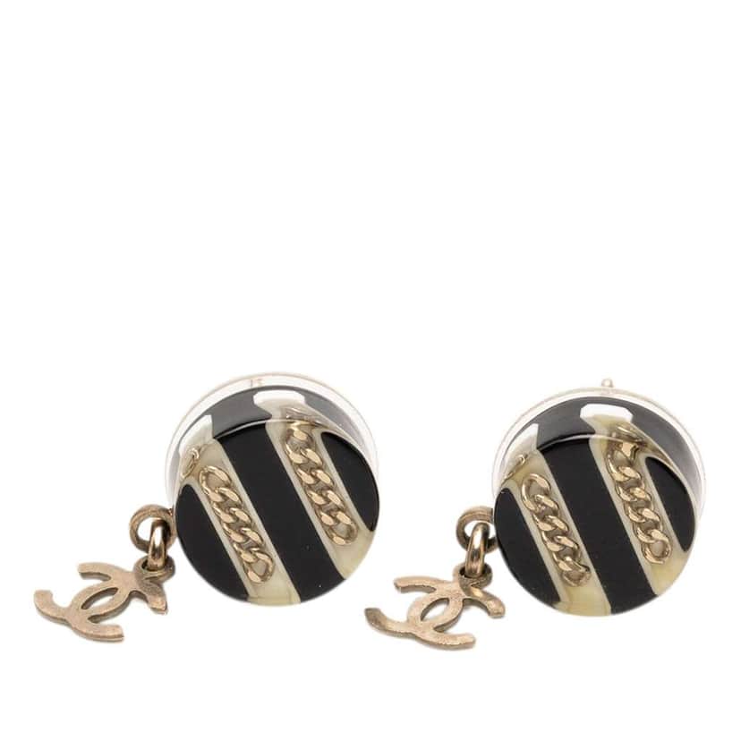 Chanel Brass Resin CC Drop Round Push Back Earrings Black Very good condition - Front View