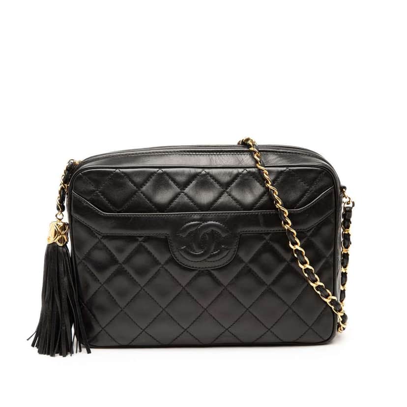 Chanel CC Quilted Lambskin Tassel Camera Bag Black Leather Very good condition - Front View