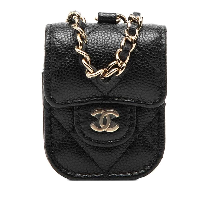 Chanel CC Quilted Caviar AirPods Case Black Leather Very good condition - Front View