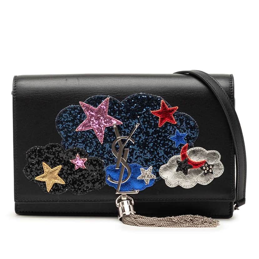 Saint Laurent Calfskin Cloud Star Applique Classic Monogram Kate Tassel Wallet on Chain Black Leather Very good condition - Front View