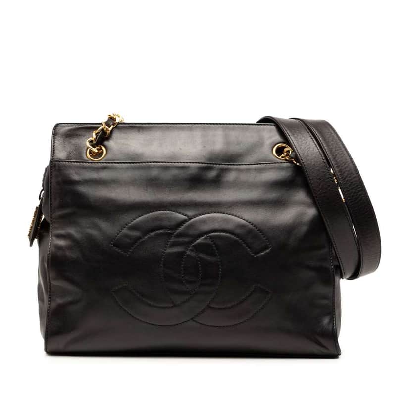 Chanel CC Lambskin Chain Tote Black Leather Very good condition - Front View