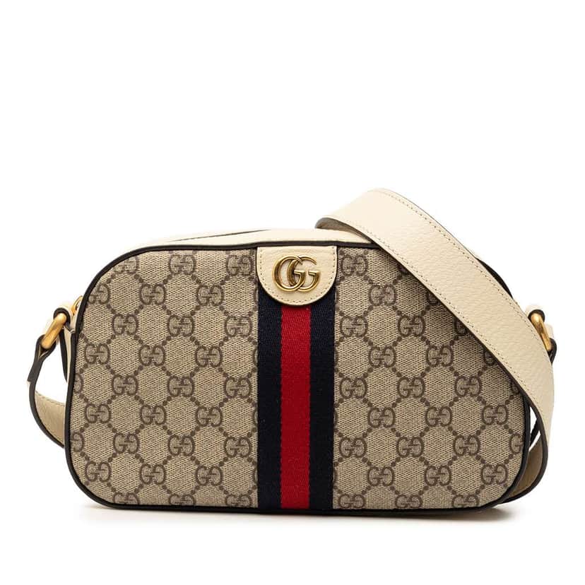 Gucci Small GG Supreme Textured Calfskin Web Ophidia Camera Bag Beige Canvas Very good condition - Front View