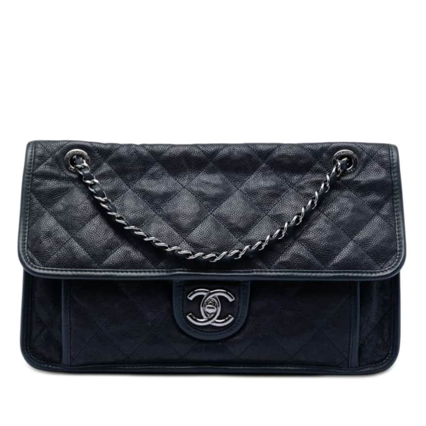 Chanel Medium Caviar French Riviera Flap Blue Leather Very good condition - Front View
