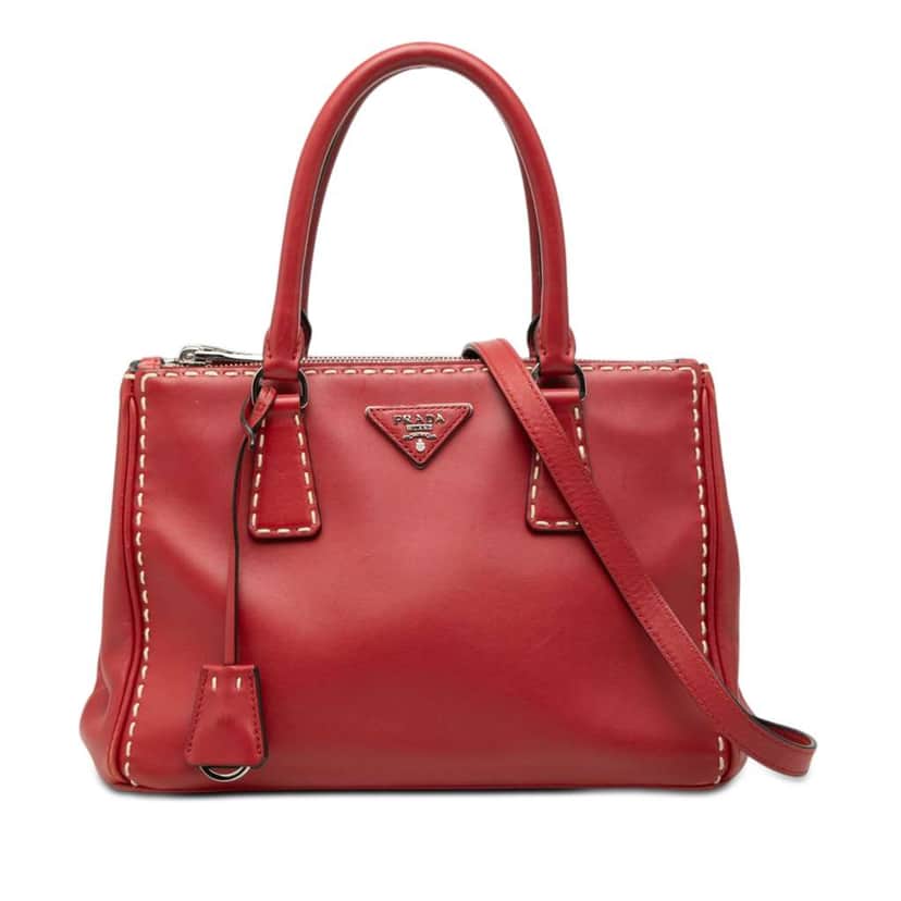 Prada Small City Calf Hand Stitched Galleria Double Zip Satchel Red Leather Very good condition - Front View