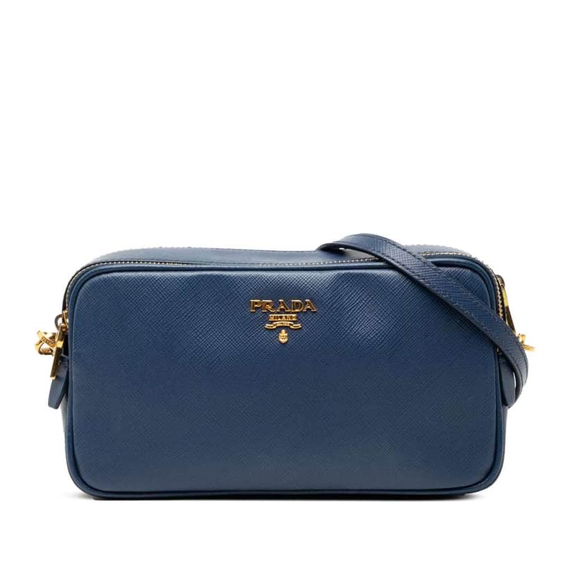 Prada Mini Saffiano Double Zip Crossbody Blue Leather Very good condition - Front View