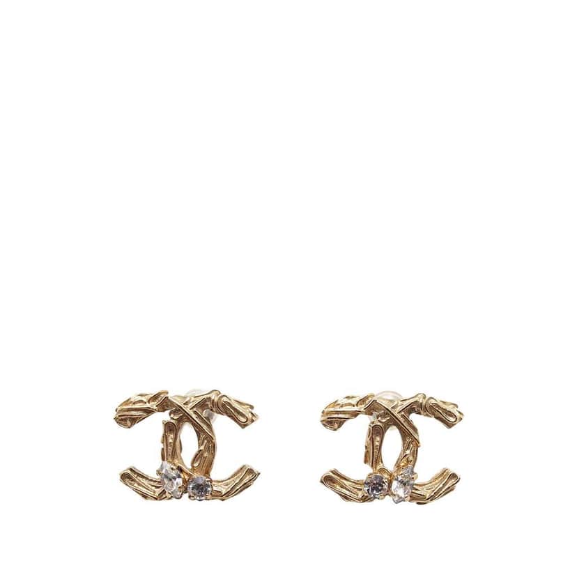 Chanel CC Brass and Strass Push Back Earrings Gold Metal Very good condition - Front View