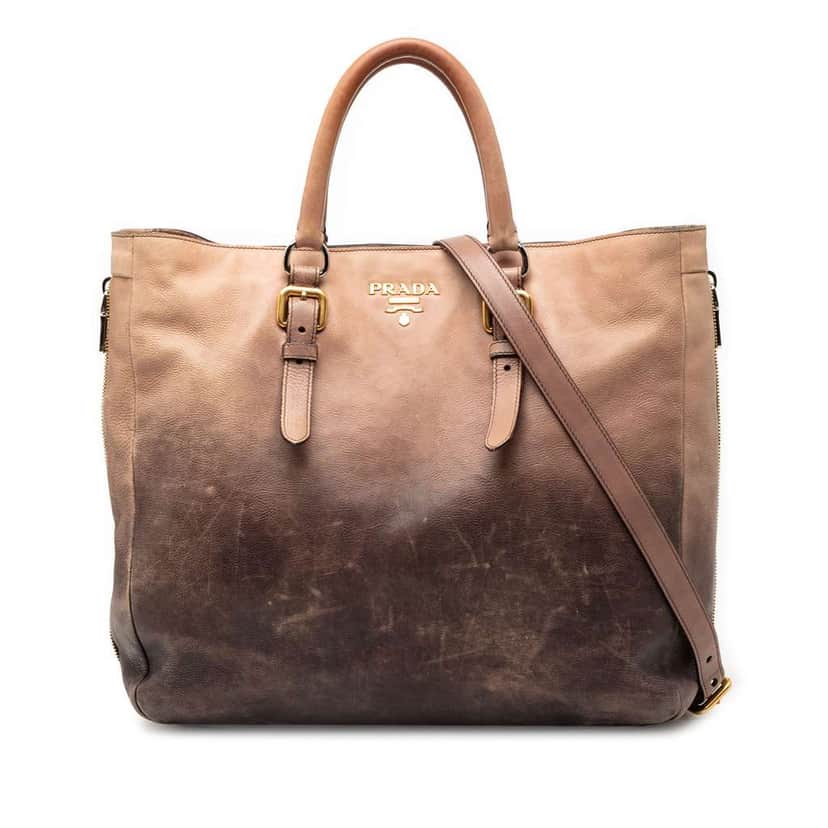 Prada Ombre Vitello Daino Side Zip Convertible Tote Brown Leather Very good condition - Front View