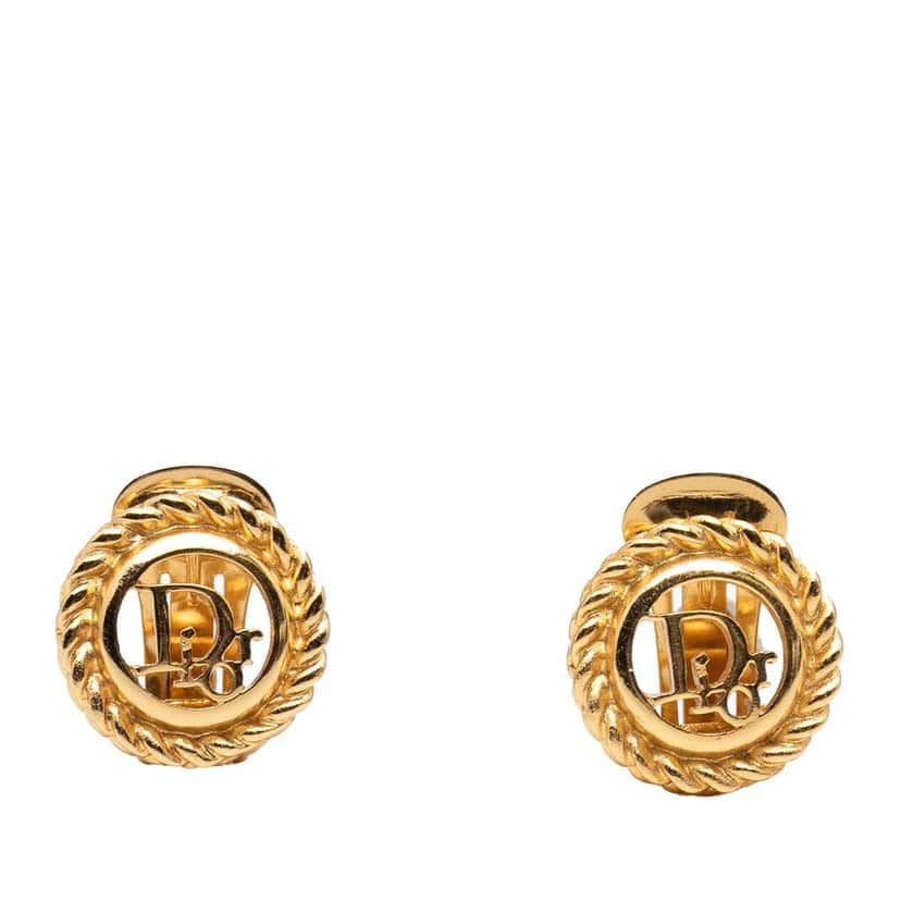 Dior Gold Plated Logo Round Clip On Earrings Gold Metal Very good condition - Front View