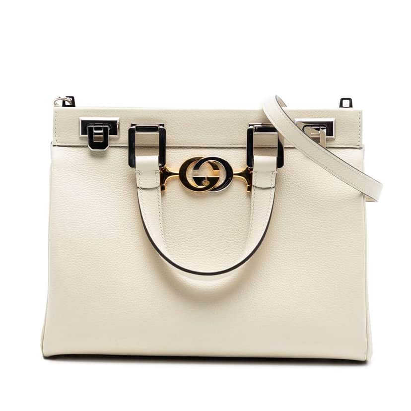 Gucci Small Grained Calfskin Zumi Top Handle Bag White Leather Very good condition - Front View