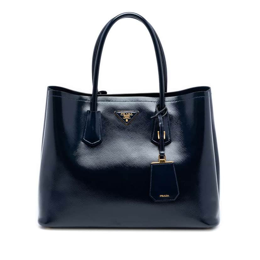 Prada Medium Saffiano Vernice Double Satchel Blue Leather Very good condition - Front View