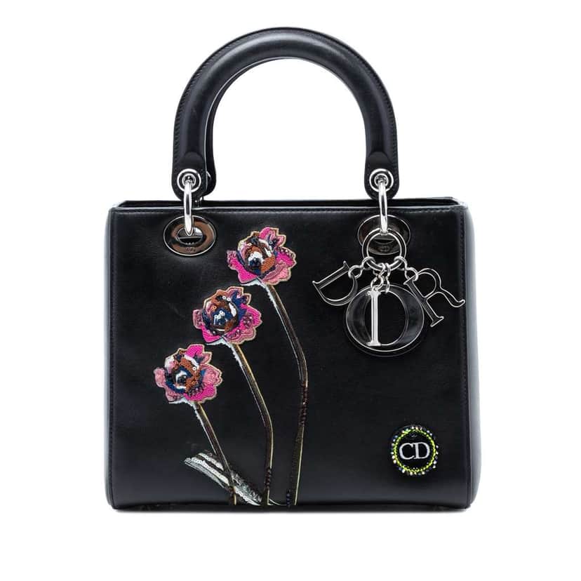 Dior Medium Calfskin Embroidered Flower Lady Dior Black Leather Very good condition - Front View