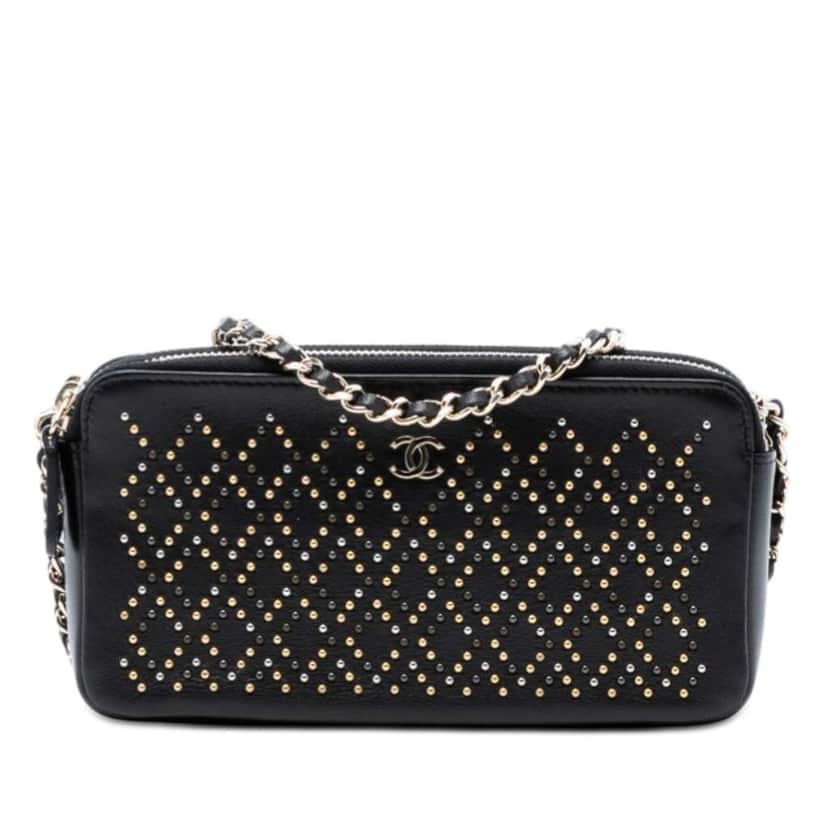 Chanel CC Studded Lambskin Double Zip Clutch with Chain Black Leather Very good condition - Front View