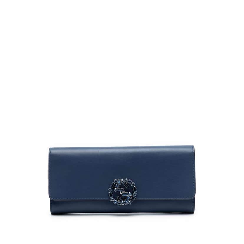 Gucci Calfskin Crystals Broadway Clutch Blue Leather Very good condition - Front View