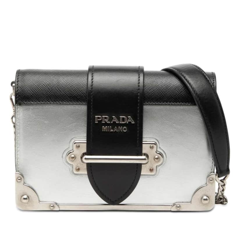 Prada Saffiano Trimmed Metallic Vitello Cahier Bag Silver Leather Very good condition - Front View
