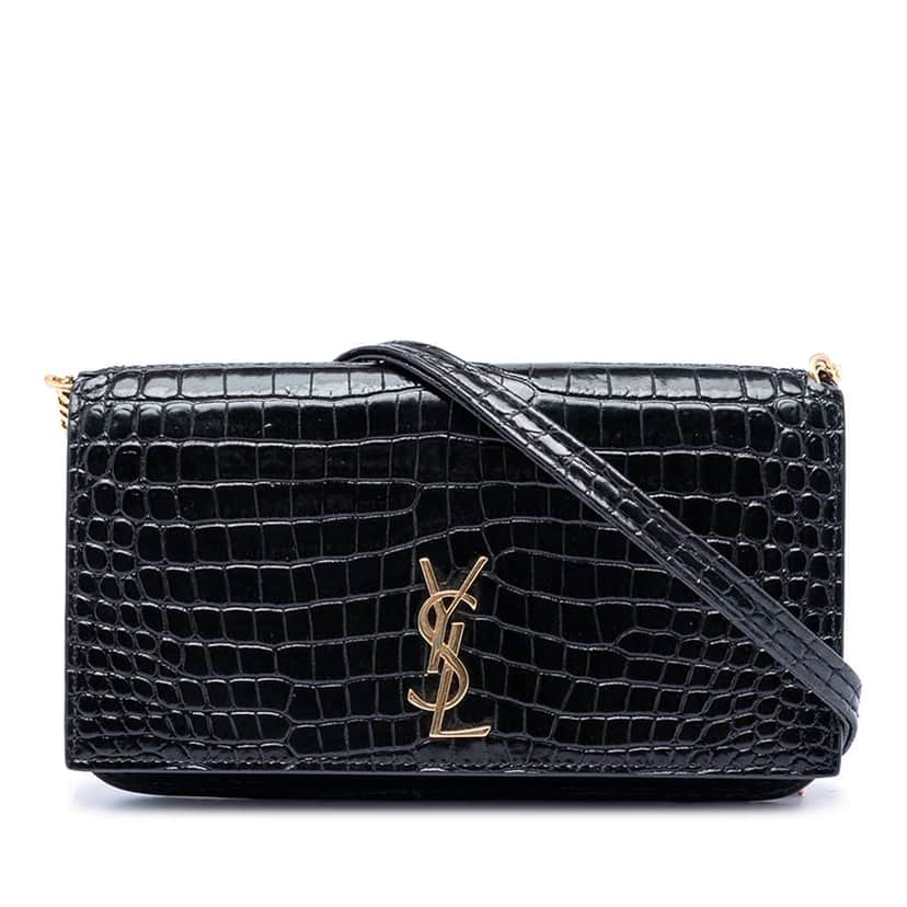 Saint Laurent Croc Embossed Leather Cassandre Phone Holder Black Leather Very good condition - Front View