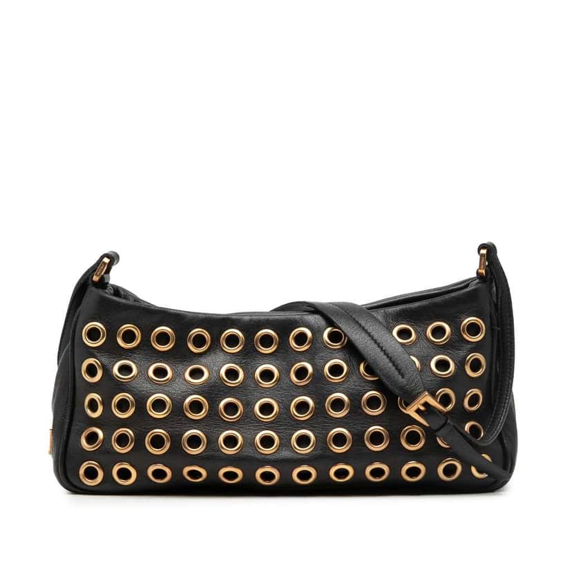 Prada Grommet Leather Shoulder Bag Black Leather Very good condition - Front View