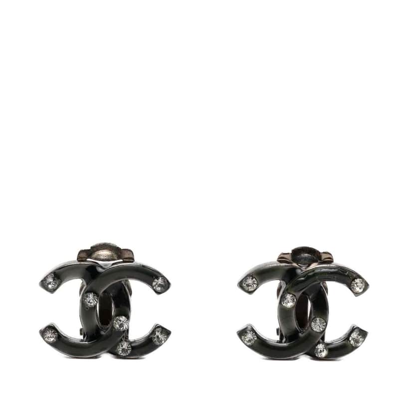 Chanel CC Brass Strass Lacquered Clip On Earrings Black Brass Very good condition - Front View