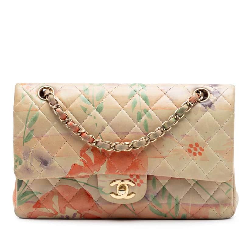Chanel Medium Classic Lambskin Floral Double Flap Beige Leather Very good condition - Front View