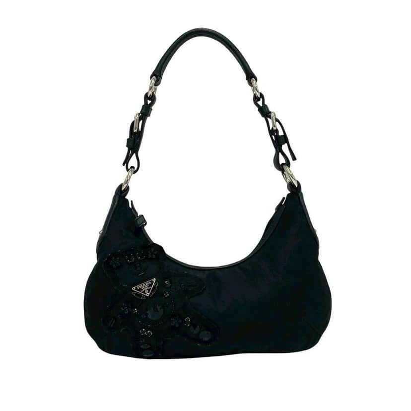 Prada Beaded Tessuto Evening Bear Shoulder Bag Black Very good condition - Front View