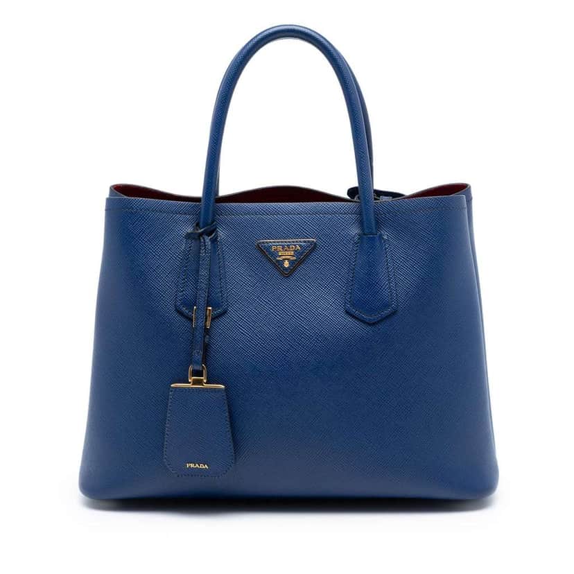 Prada Medium Saffiano Cuir Double Satchel Blue Leather Very good condition - Front View