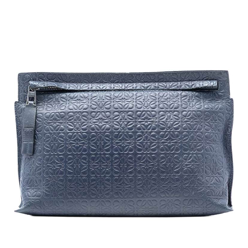 Loewe Embossed Anagram Leather Repeat T Clutch Blue Leather Very good condition - Front View