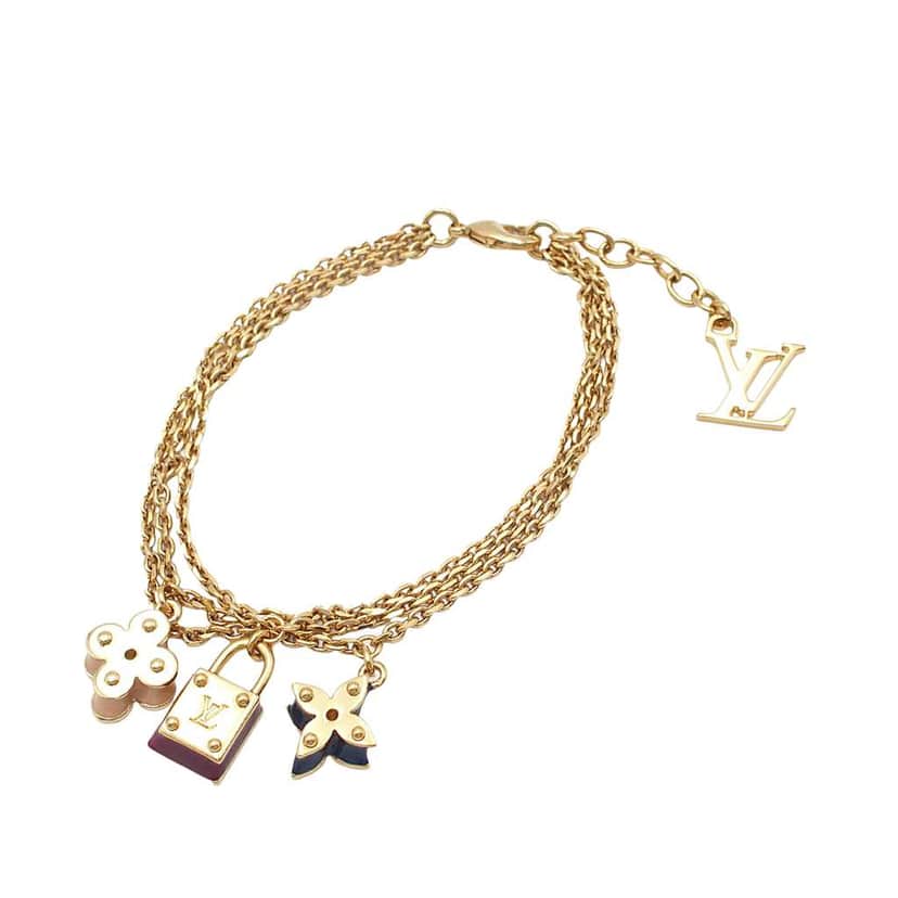 Louis Vuitton Gold Plated Enamel Monogram Sweet Charm Triple Chain Bracelet Gold Metal Very good condition - Front View