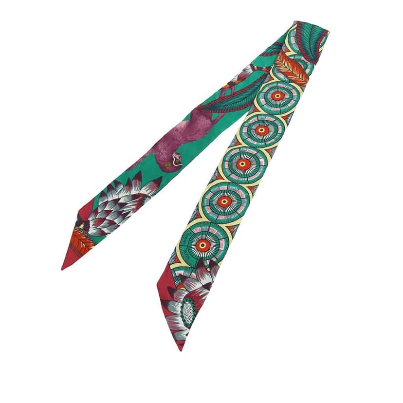Hermès The Savana Dance Silk Twilly Scarf Green Silk Very good condition - Front View