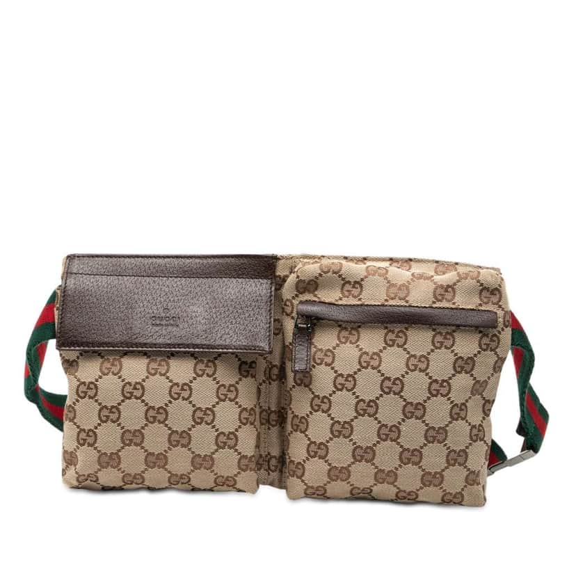 Gucci GG Canvas Web Double Pocket Belt Bag Beige Very good condition - Front View