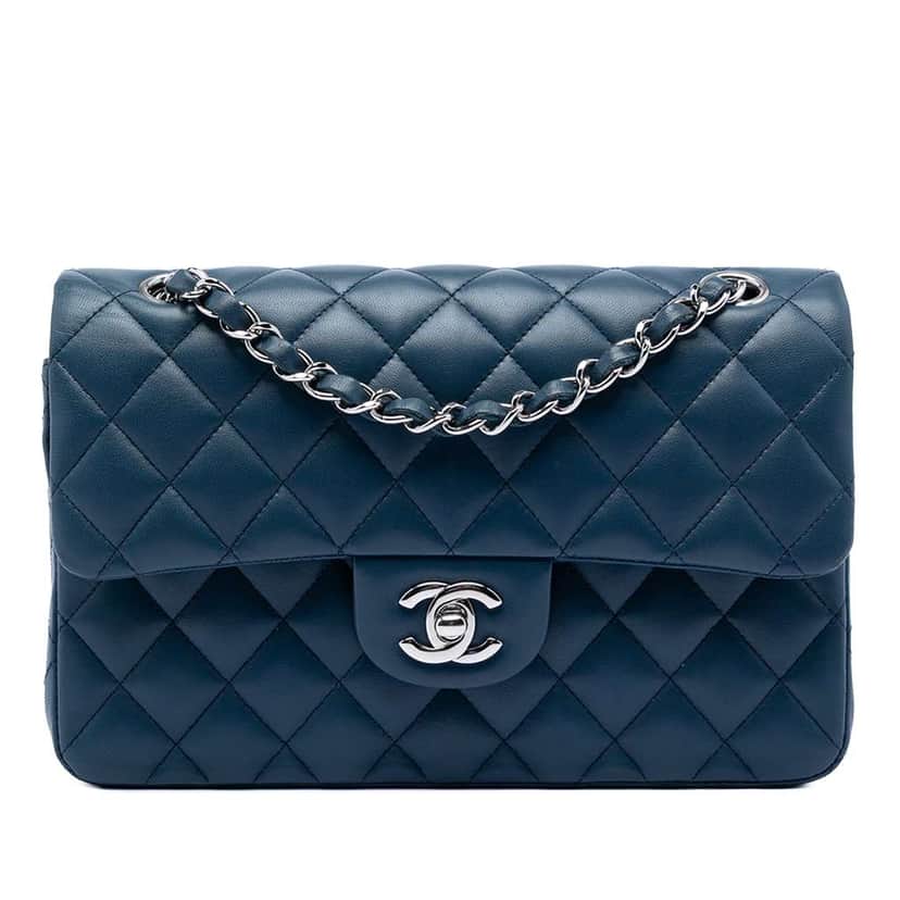 Chanel Small Classic Lambskin Double Flap Blue Leather Very good condition - Front View