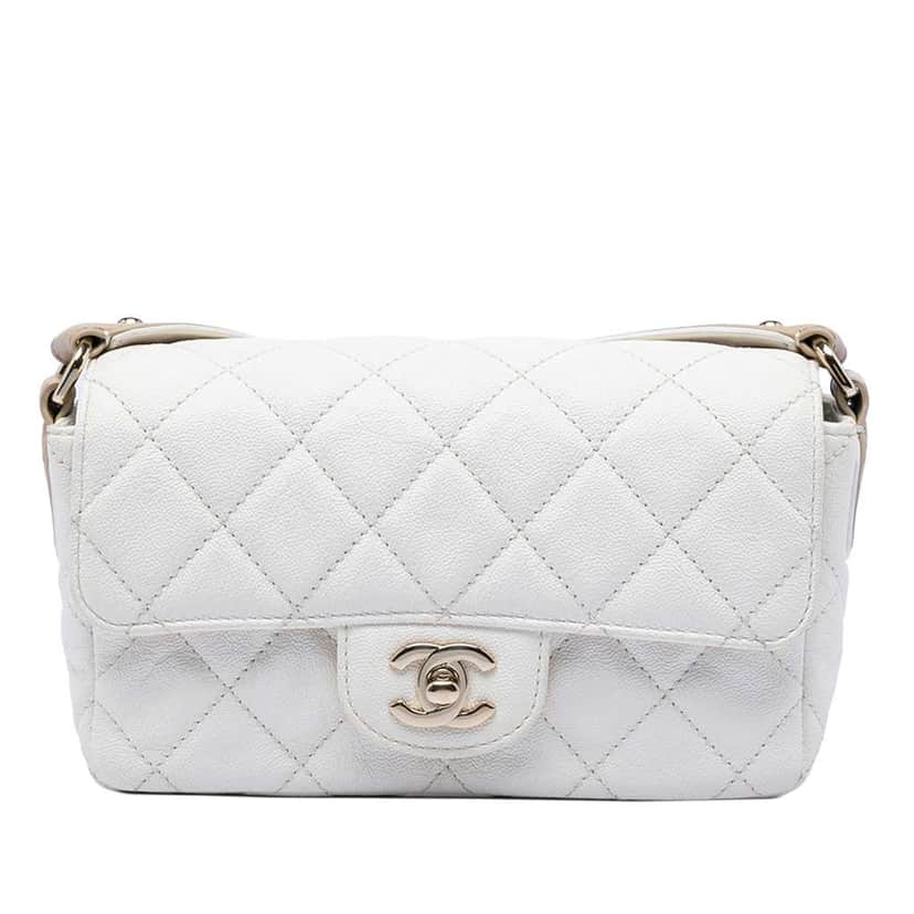 Chanel Mini Rectangular Caviar Single Flap White Leather Very good condition - Front View