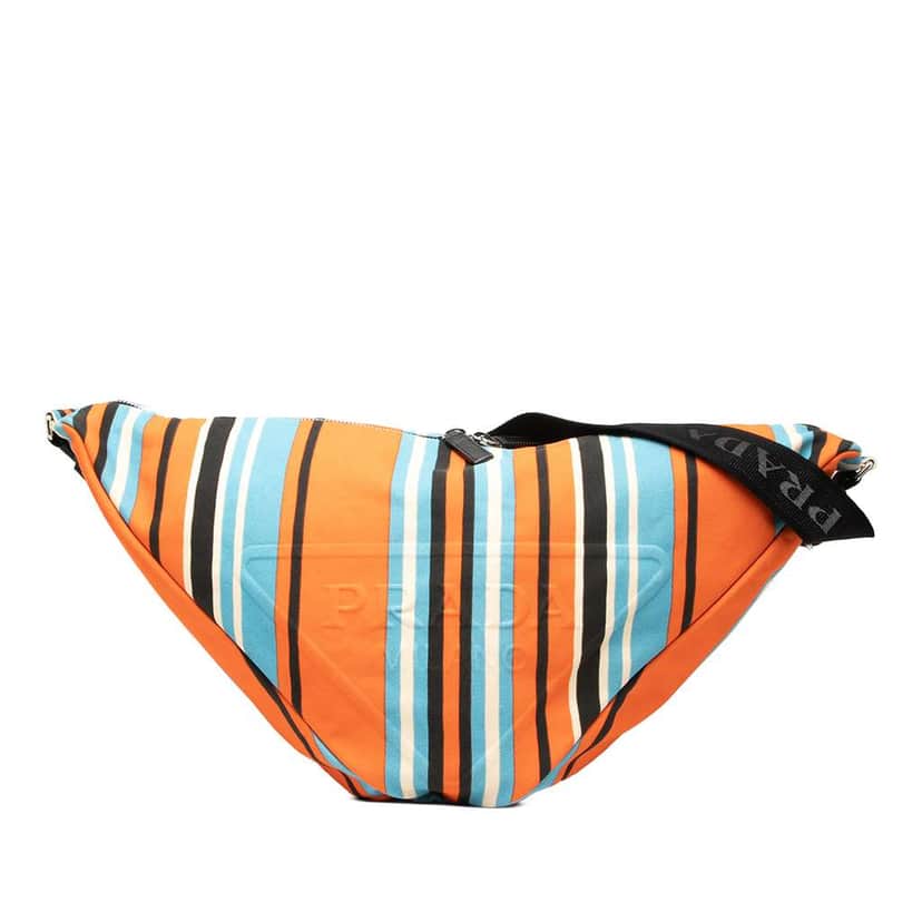 Prada Canvas Striped Triangle Logo Shoulder Bag Orange Canvas Very good condition - Front View