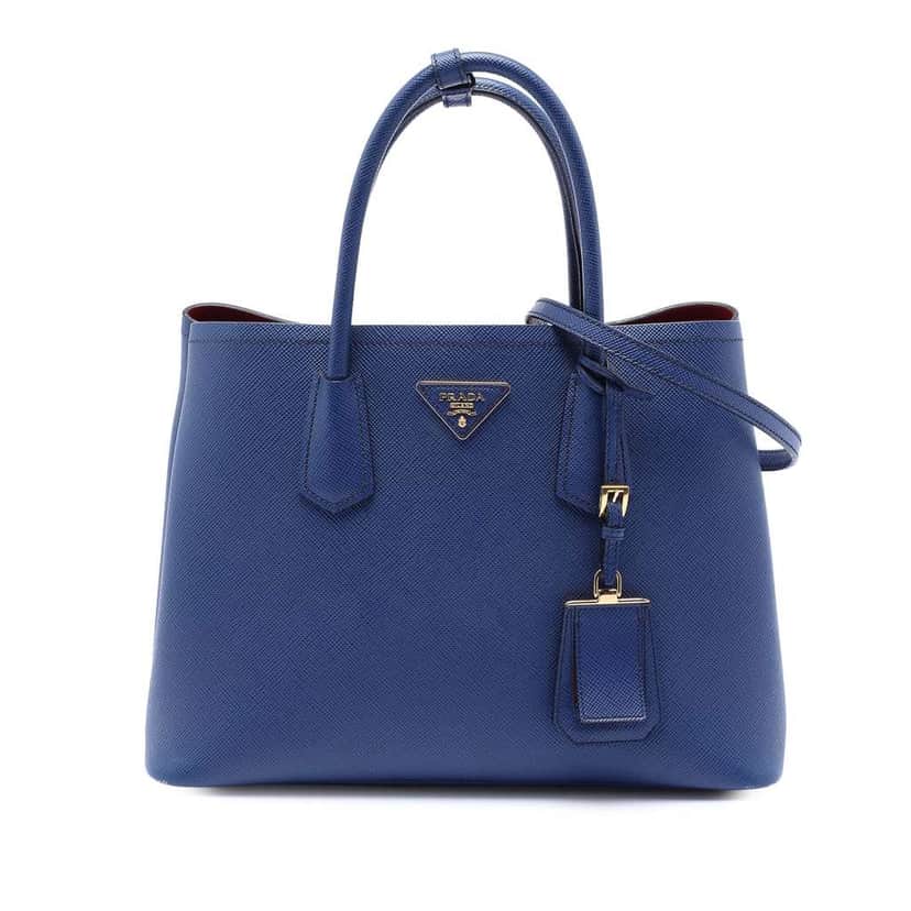 Prada Medium Saffiano Cuir Double Satchel Blue Leather Very good condition - Front View