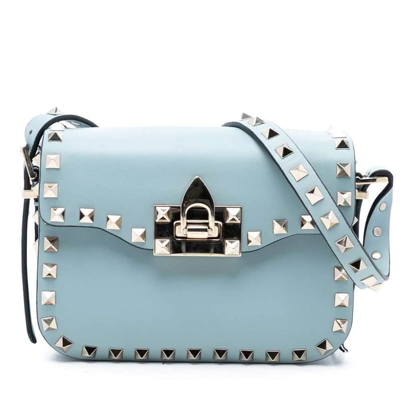 Valentino Mini Leather Rockstud Flap Crossbody Blue Leather Very good condition - Front View