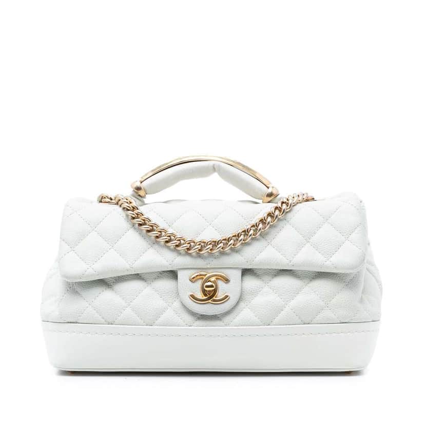 Chanel Medium Caviar Globe Trotter Flap White Leather Very good condition - Front View