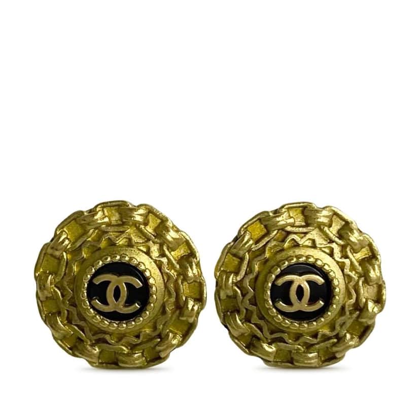 Chanel CC Gold Plated Enamel Round Clip On Earrings Gold Metal Very good condition - Front View