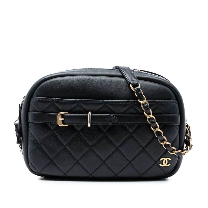 Chanel Small Quilted Lambskin Buckle Camera Bag Black Leather Very good condition - Front View
