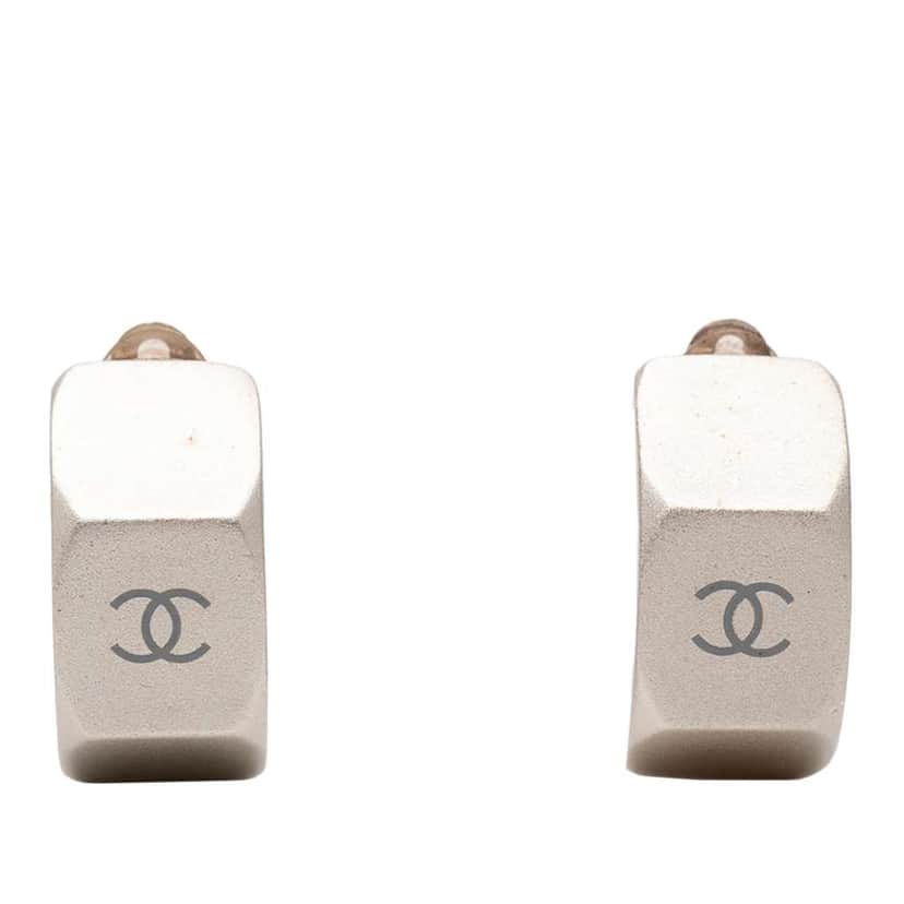 Chanel CC Brass Plated Clip On Earrings Silver Brass Very good condition - Front View