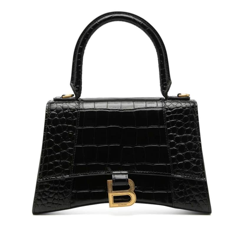 Balenciaga Small Croc Embossed Leather Hourglass Top Handle Bag Black Leather Very good condition - Front View