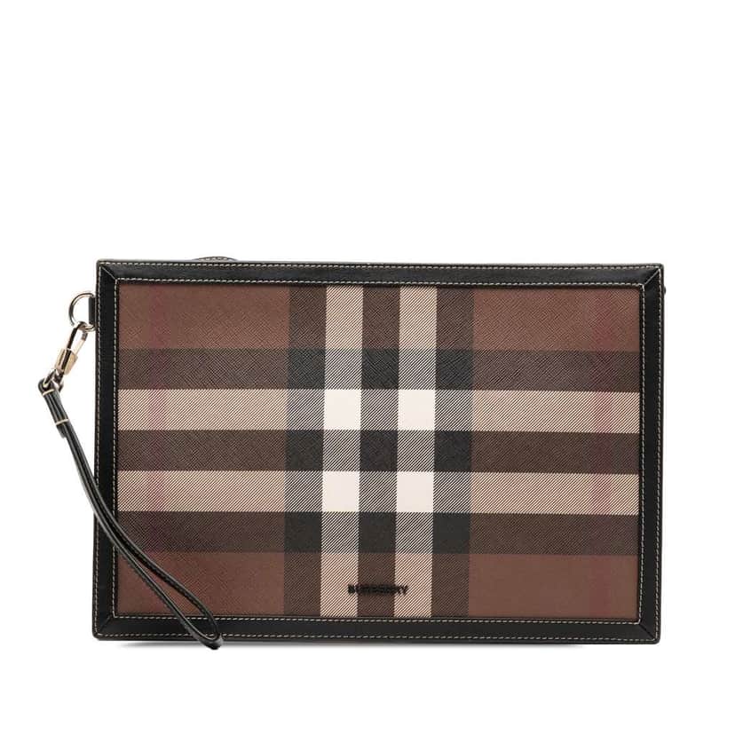 Burberry Check Coated Canvas and Leather Zip Pouch Brown Canvas Very good condition - Front View