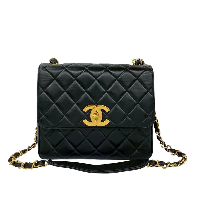 Chanel Square XL Quilted Lambskin Single Flap Black Leather Very good condition - Front View