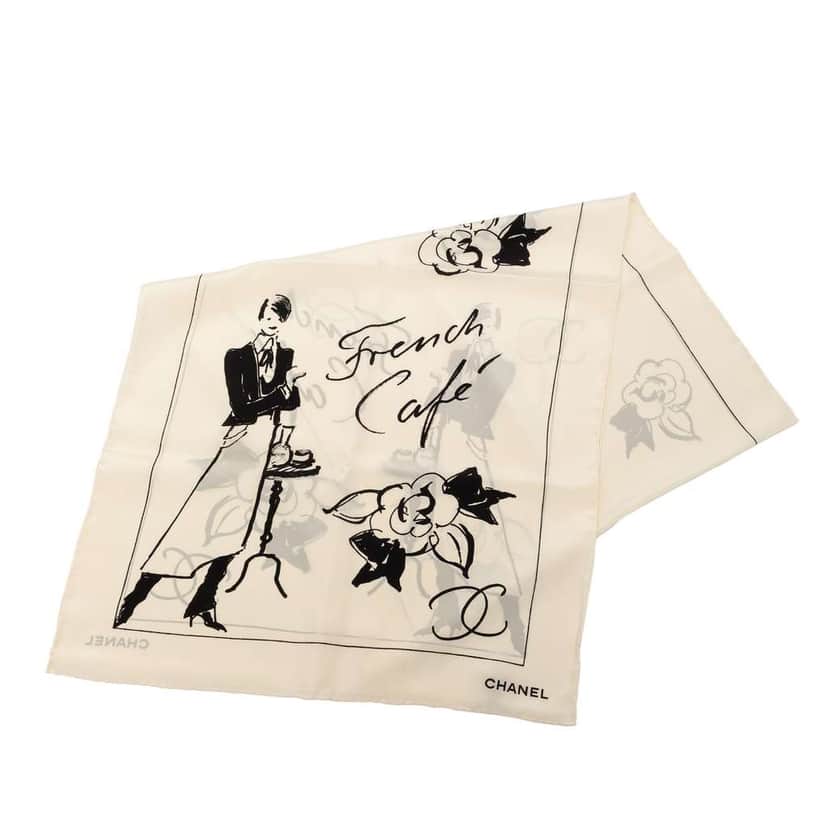 Chanel CC French Cafe Silk Scarf White Silk Very good condition - Front View