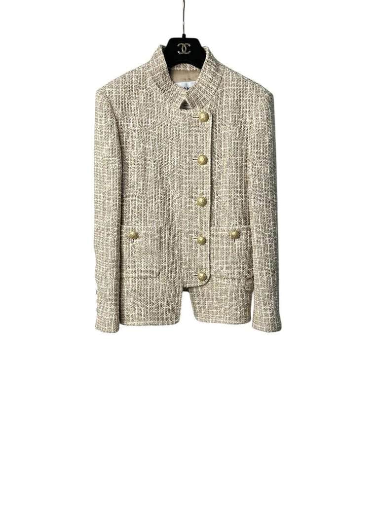 Chanel Classic Tweed Jacket with Pearl Buttons Beige Pearl Very good condition - Front View