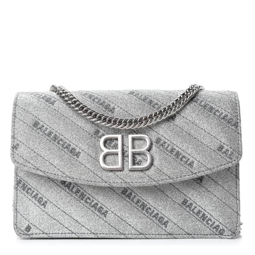 Balenciaga Balenciaga BB Silver Glittered Leather Wallet on Chain Bag Silver Leather Never worn, with tag - Front View