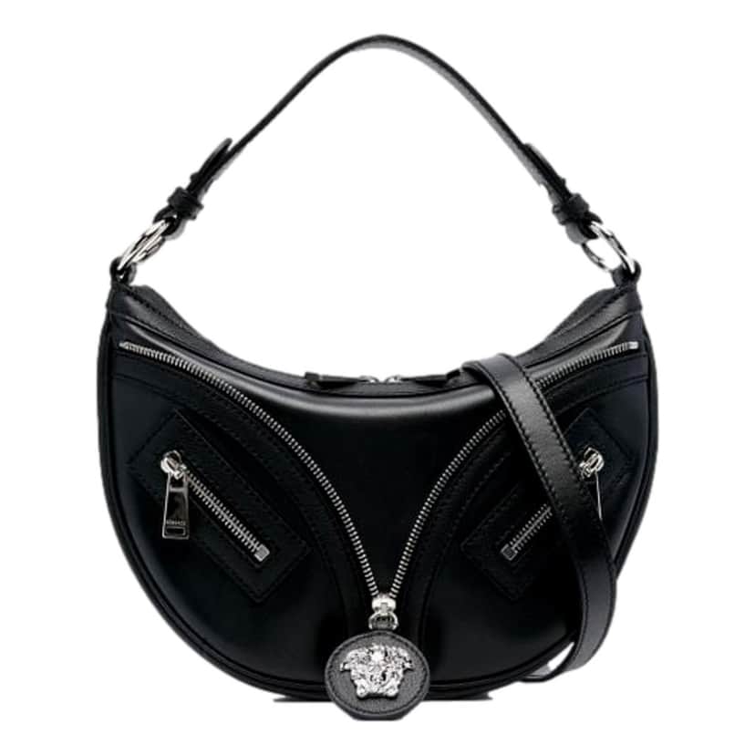 Versace Versace Repeat La Medusa Small Hobo Shoulder Bag Black Calfskin Leather Black Leather Never worn, with tag - Front View