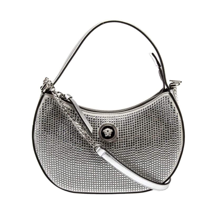 Versace Versace La Medusa Crystal Half Moon Hobo Shoulder Crossbody Bag Silver Silver Canvas Never worn, with tag - Front View